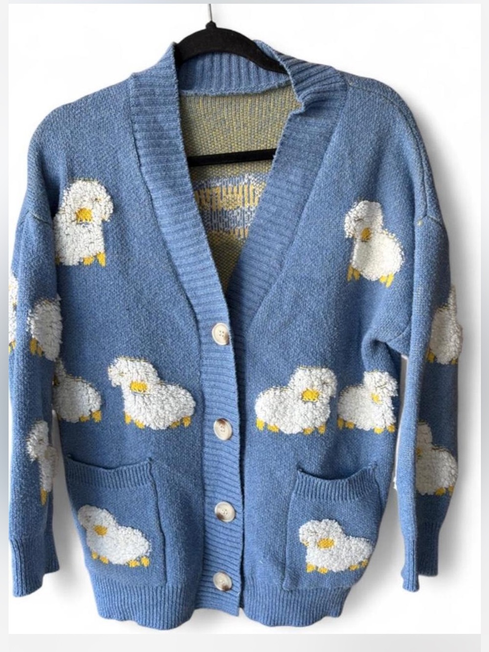 Blue Sheep-Pattern V-Neck Cardigan Sweater